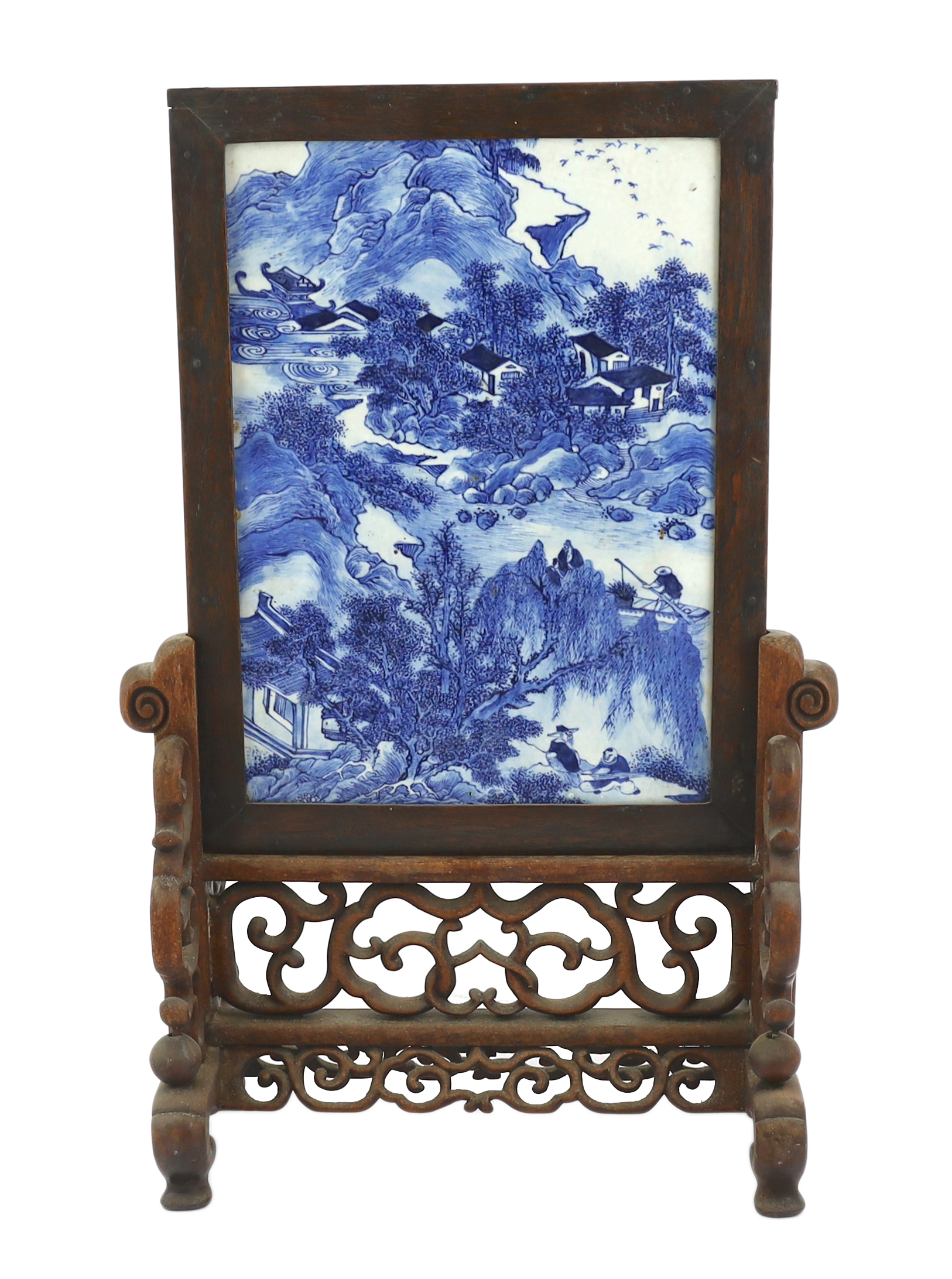 A Chinese blue and white ‘landscape’ table screen, late 19th century